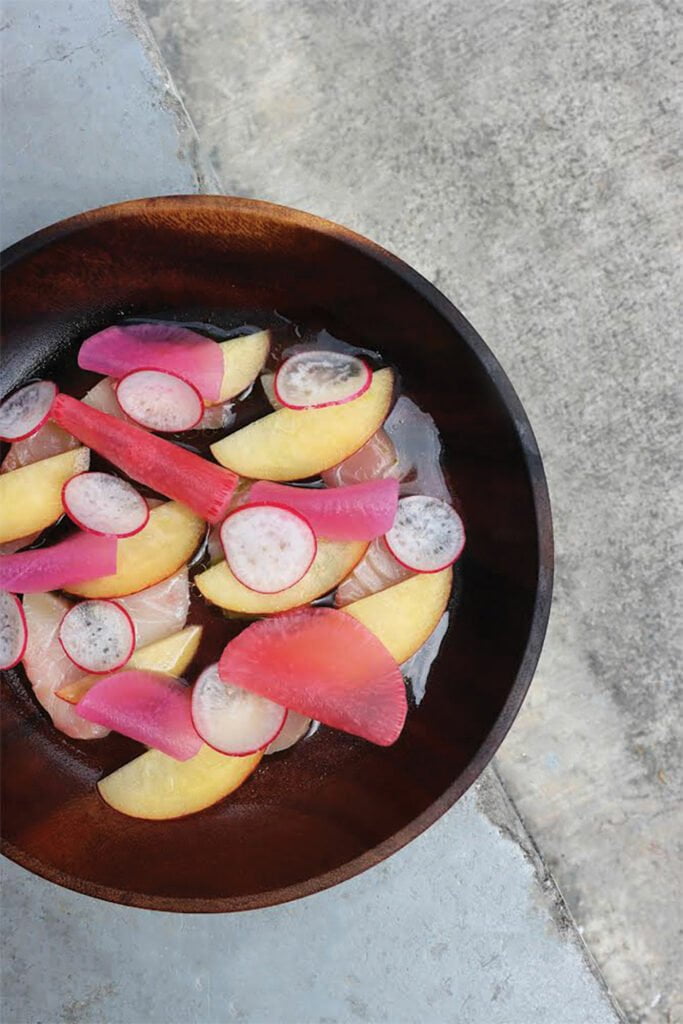 Catfish hamachi sashimi with coconut ponzu and white peach