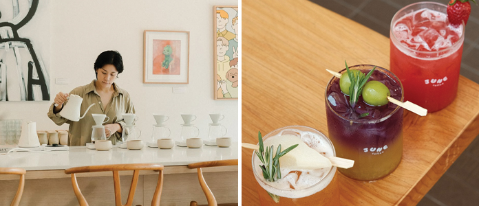 Left: Lady pouring coffee. Right: 3 cups of iced coffee