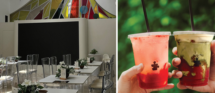 Left: Cafe Manna interior with stain glass decor. Right: 2 takeaway cups of strawberry latte and matcha latte