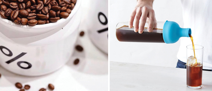 From left: a bag of beans from % Arabica. Hand pouring cold brew into a glass of ice
