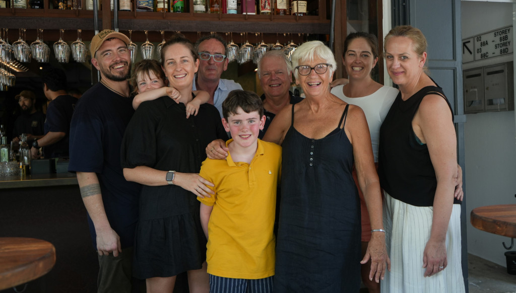 Chef-owner Eliot Thomas with extended family outside Magpie restaurant in Tiong Bahru, Singapore.