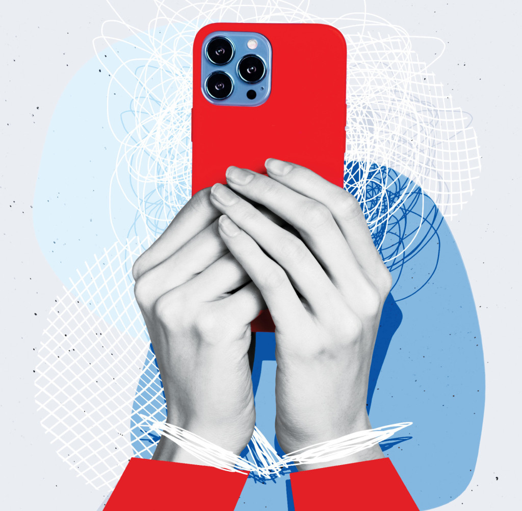 Addicted to phone, trapped in digital world.