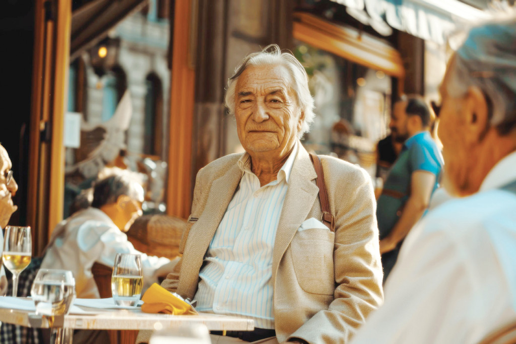 Elderly man enjoying conversation at outdoor café with friends.