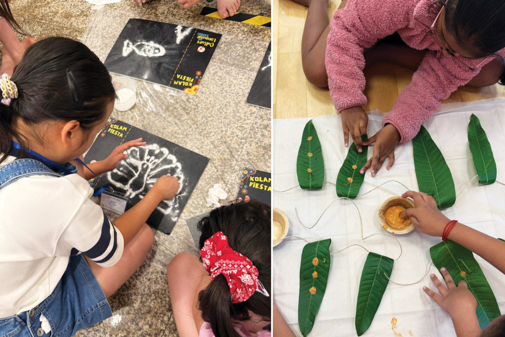 Children engage in traditional Indian cultural art activities.