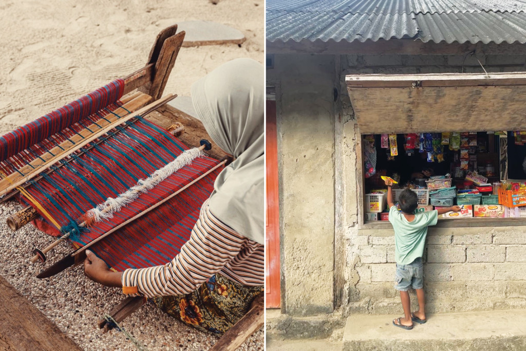 Traditional weaving and village shop scene with child.