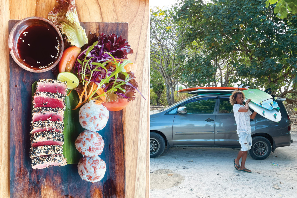 Fresh tuna dish and local surfer with boards.