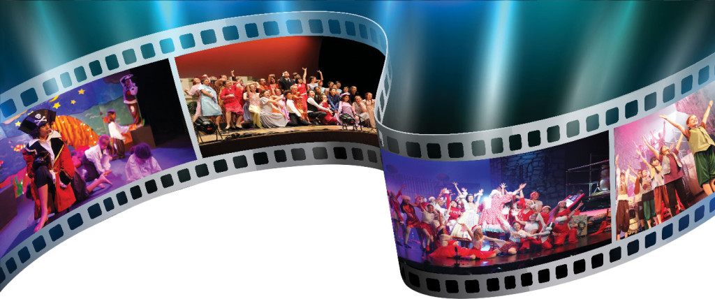 Children performing vibrant stage musicals, captured in dynamic filmstrip layout.