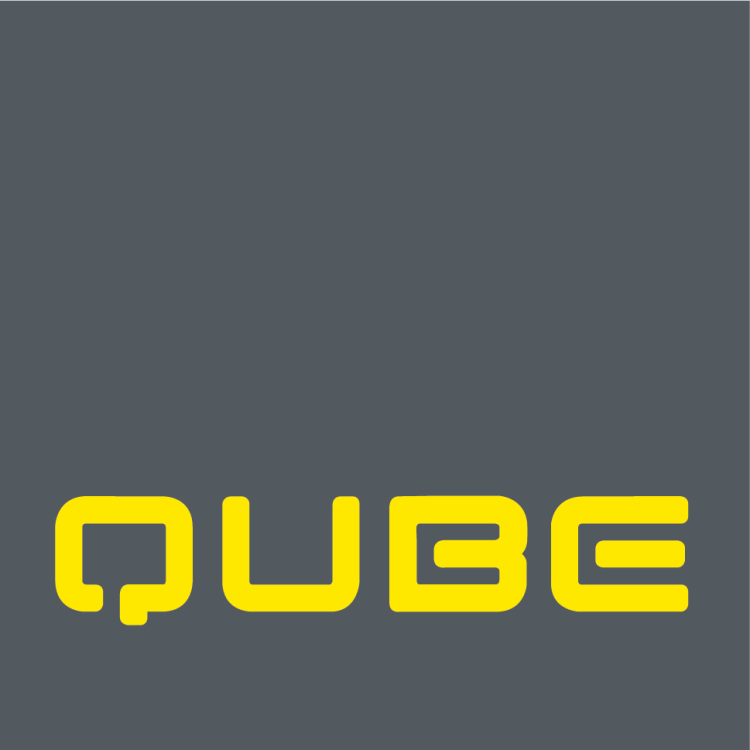 Qube company logo - yellow Qube text on a grey background