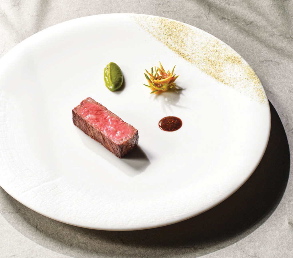 A piece of steak on a big plate